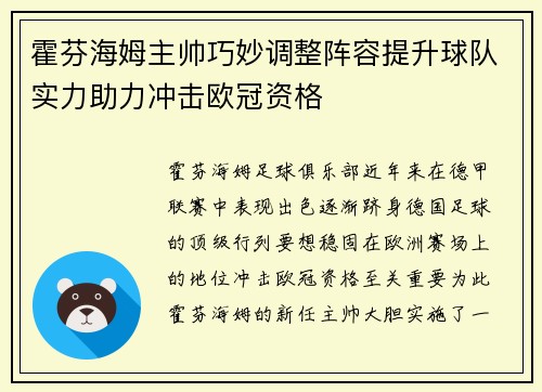 霍芬海姆主帅巧妙调整阵容提升球队实力助力冲击欧冠资格
